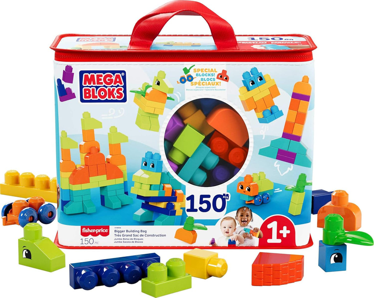 MEGA HHM96 - MEGA BLOKS Bausteinebeutel Deluxe, 150 große und farbenfrohe Bausteine mit einer Aufbewahrungstasche, Konstruktionsspielzeug, Spielzeug-Geschenkset für Kinder ab 1 Jahr