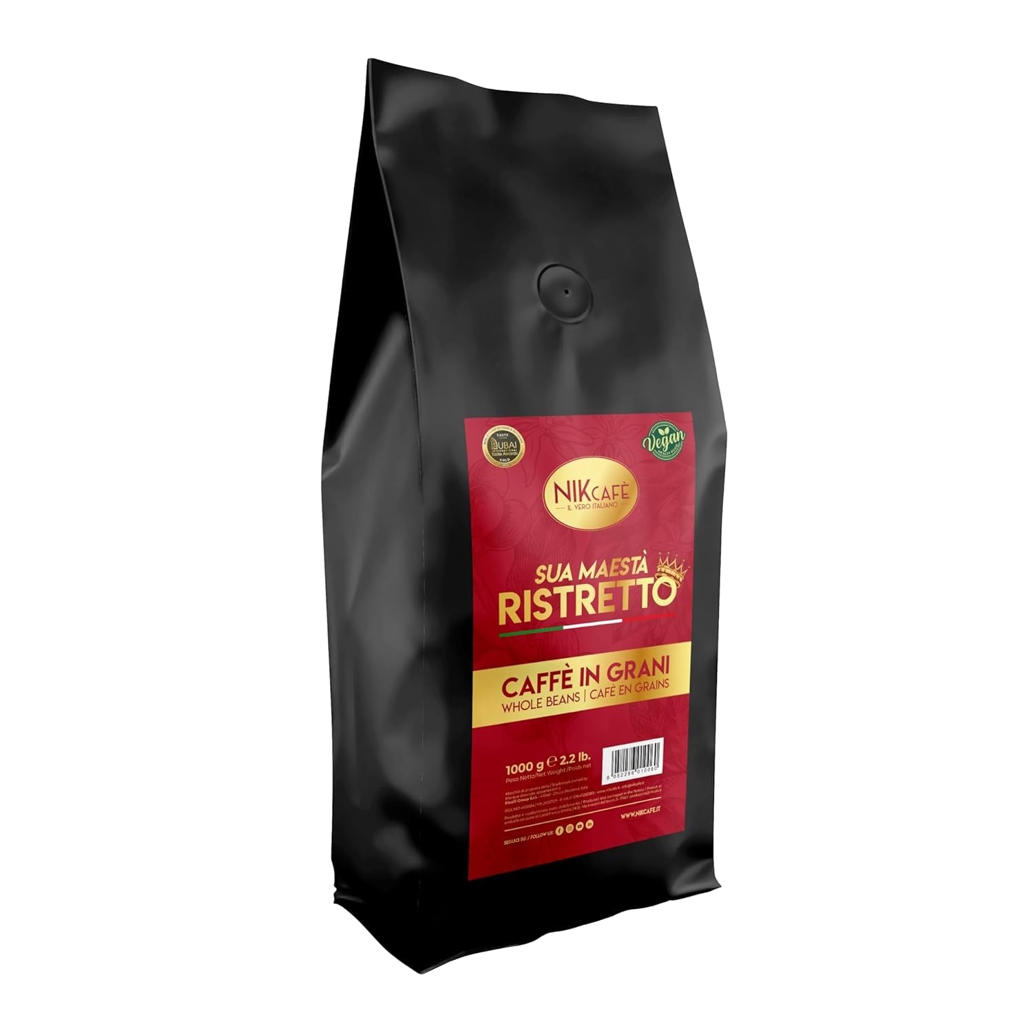 NIK CAFE' - Miscela Ristretto - Boabe de cafea prăjite, Majestatea Sa Ristretto în Italia - Câștigător al premiului de aur la World Class Food and Beverage - Arabica și Robusta