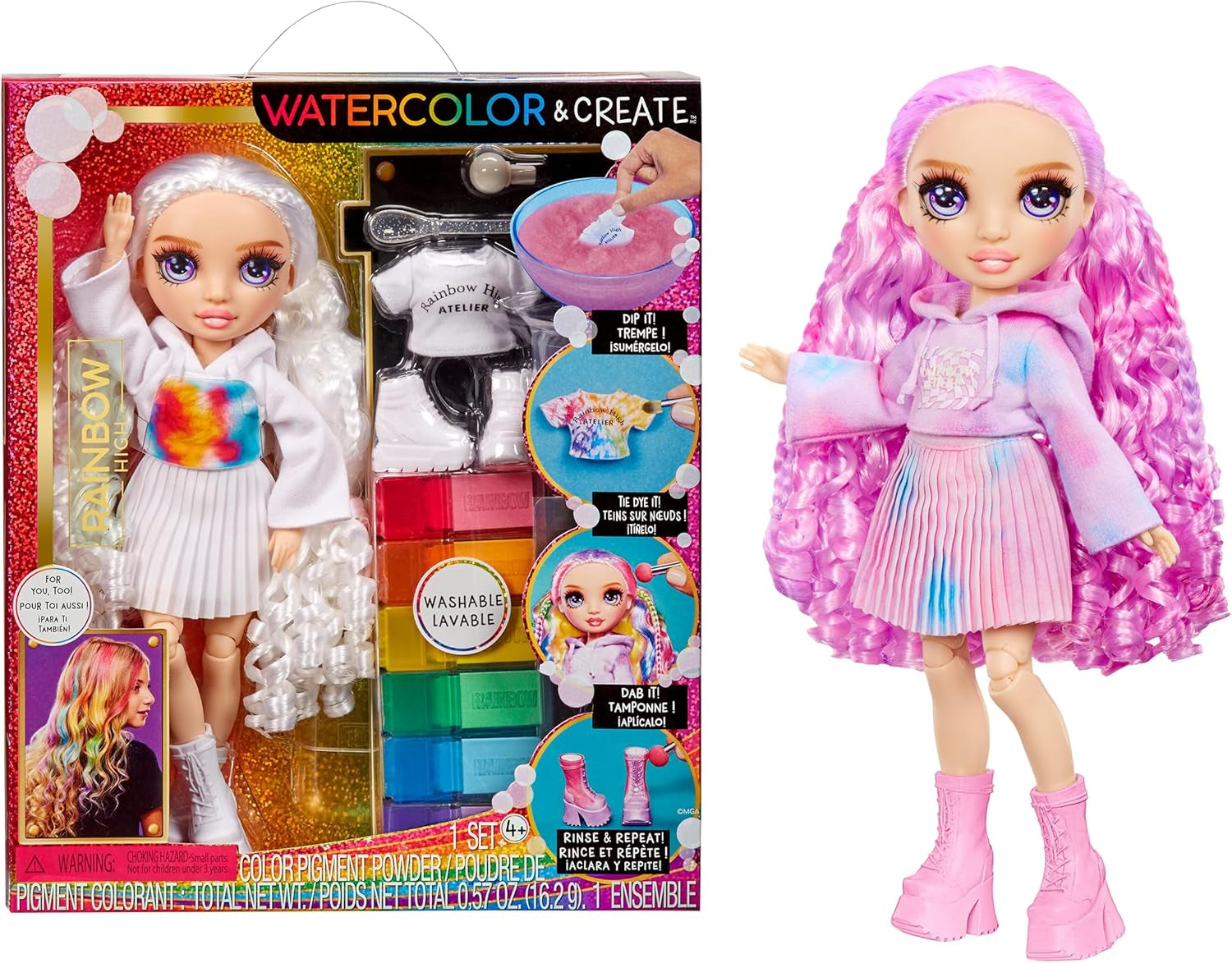 Rainbow High Color & Create DIY Modepuppe - Grüne Augen, Zöpfe, extra Top & Schuhe, abwaschbare Regenbogenstifte - Ausmalen, Gestalten, Spielen, Auswaschen - für Kinder von 4-12 Jahren und Sammler