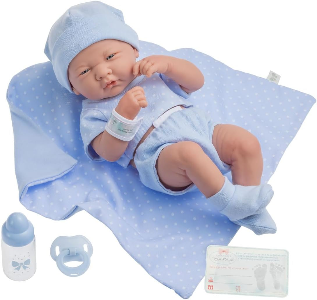 jc toys 102-18540 – Kinderpuppe, Körper aus Gummi, Blaue Kleidung mit Punkten, 36 cm