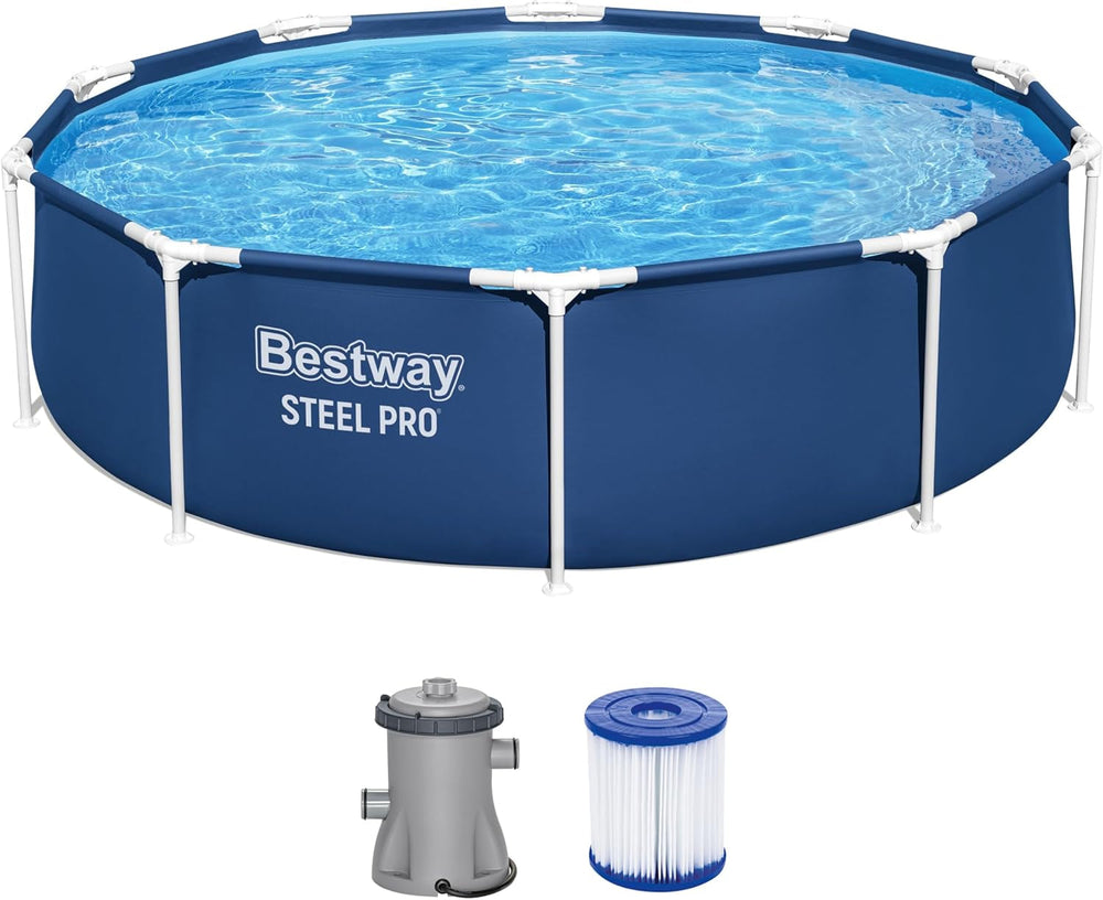 Set piscină Bestway Steel Pro Frame cu pompă de filtrare Ø 305 x 76 cm, albastru închis, rotundă
