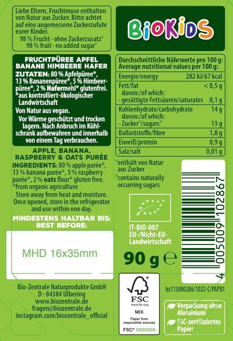 biozentrale BioKids Piure de fructe Măr Banană Zmeură Ovăz | 12 x 90g | Gustare fructată fără zahăr adăugat | Vegan (Pachet de 2)