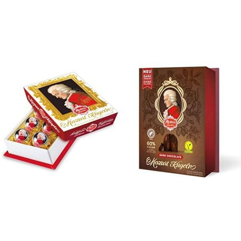 Pachet Duo Ciocolată Neagră, Mozart Barocă și Ciocolată Neagră, Bile Mozart Autentice, Ciocolată cu Ciocolată Neagră, Marțipan, Nuga, Cadou Ideal, 6 bucăți din fiecare varietate, 240g în total