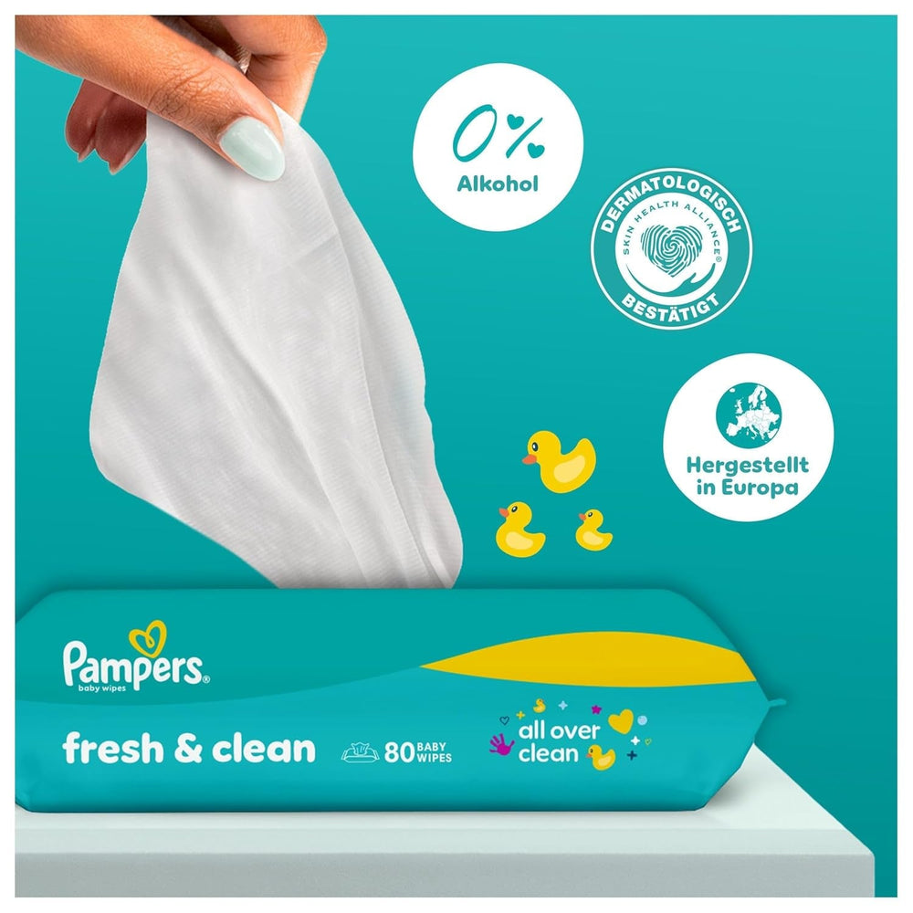 Șervețele umede Pampers Fresh Clean, 15 pachete a câte 80 de șervețele, 1200 de șervețele în total, parfum ușor, potrivite și pentru mâini și față