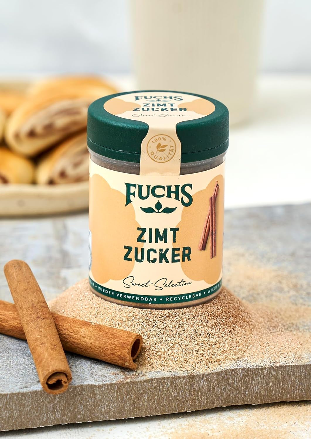 Fuchs Gewürze - Zimt Zucker - Klassiches Gewürz für Milchreis, Pfannkuchen oder Waffeln - aus natürlichen Zutaten - 100 g in wiederverwendbarer, recyclebarer Dose