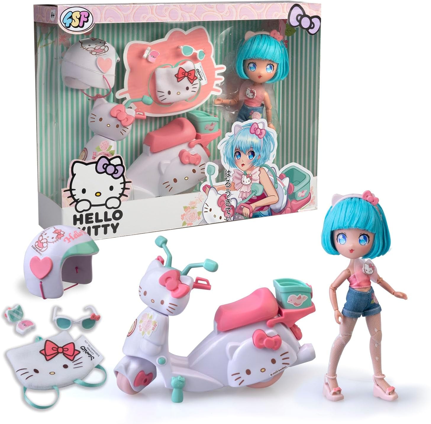 4SF -  Pretty Pink Scooter, Japanische Fashion Puppe mit Motorrad, Figur von 19,5 cm mit 15 Gelenkpunkten, Inklusive Helm und Tasche, Trägt EIN Top mit Mikroschorts, Famosa (HKTF3000)
