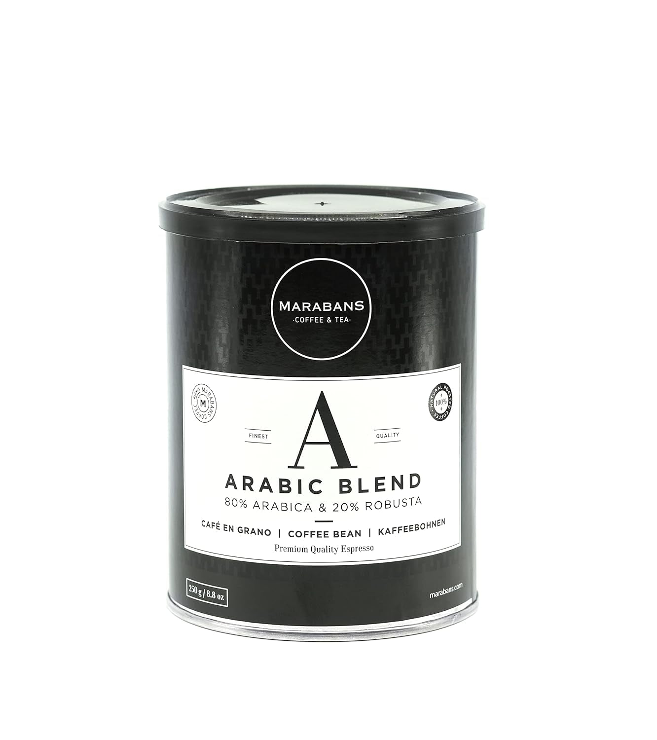 Boabe de cafea Marabans Arabic Blend, cutie de 250 de grame, 80% Arabica, 20% Robusta, 100% prăjire naturală.