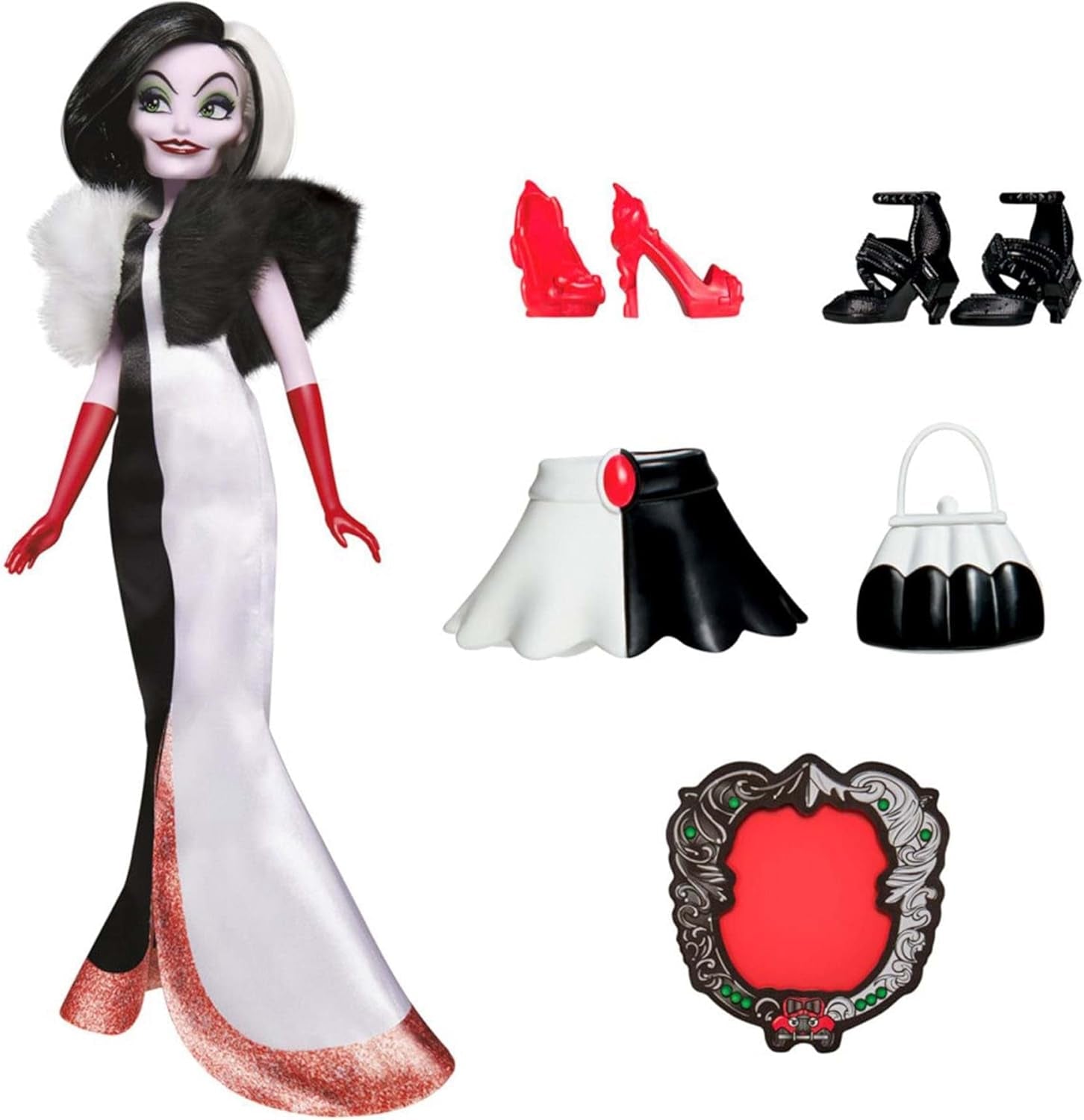 Disney Schurkin Cruella De Vil Modepuppe, Accessoires und abnehmbare Kleidung, Disney Prinzessin Spielzeug für Kinder ab 5 Jahren