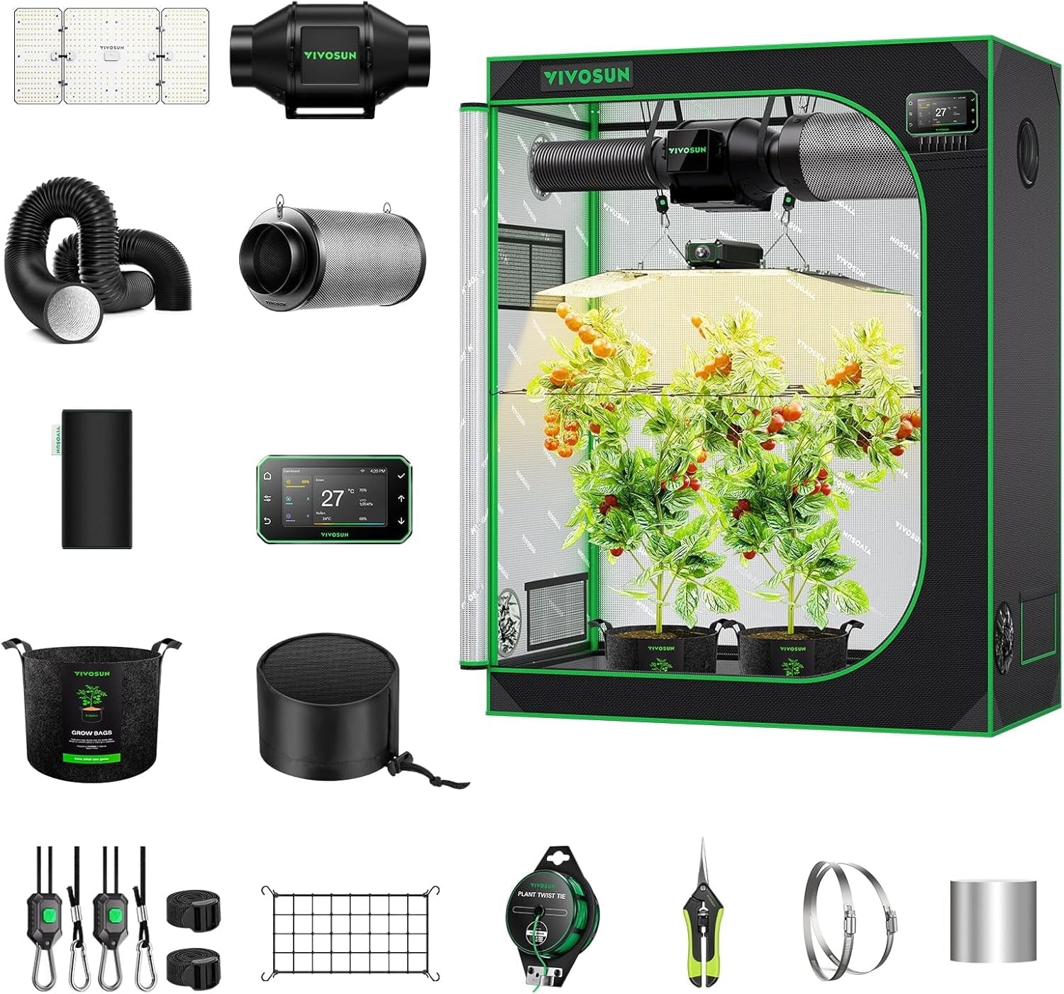 VIVOSUN Cort de Cultivare Inteligent Set Complet 60x60x120cm, sistem de creștere automat integrat WiFi cu lumină LED cu spectru complet de 100W și sistem eficient de ventilație cu controler GrowHub E42A+