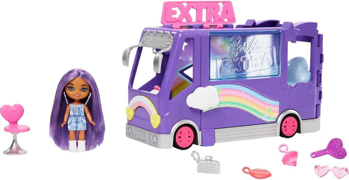 Barbie Extra Mini Minis, Extra Mini Minis Puppe mit Extra Sparkle Tour Bus Van, inkl Zubehör für Schminkstation und Show, Geschenk für Kinder, Spielzeug ab 3 Jahre,HKF84