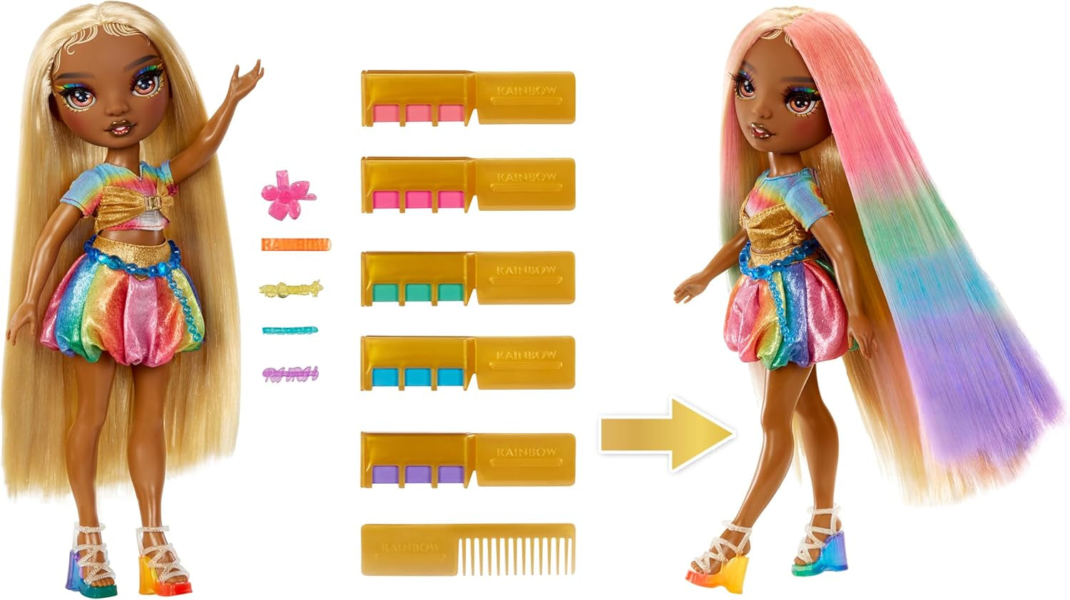 Păpușă Rainbow High Hair Chalk & Styling - Meline - Păpușă de 28 cm în culori curcubeu și auriu, cretă de păr lavabilă, colorare, coafare, joacă, clătire și repetiție, pentru copii cu vârsta cuprinsă între 4 și 12 ani