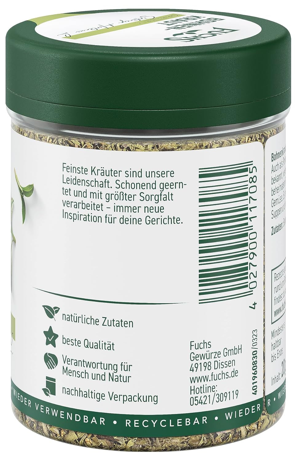 Fuchs Gewürze - Bohnenkraut gerebelt - ideal für Gemüsegerichte, Bohnengerichte oder Eintöpfe - natürliche Zutaten - 20 g in wiederverwendbarer, recyclebarer Dose