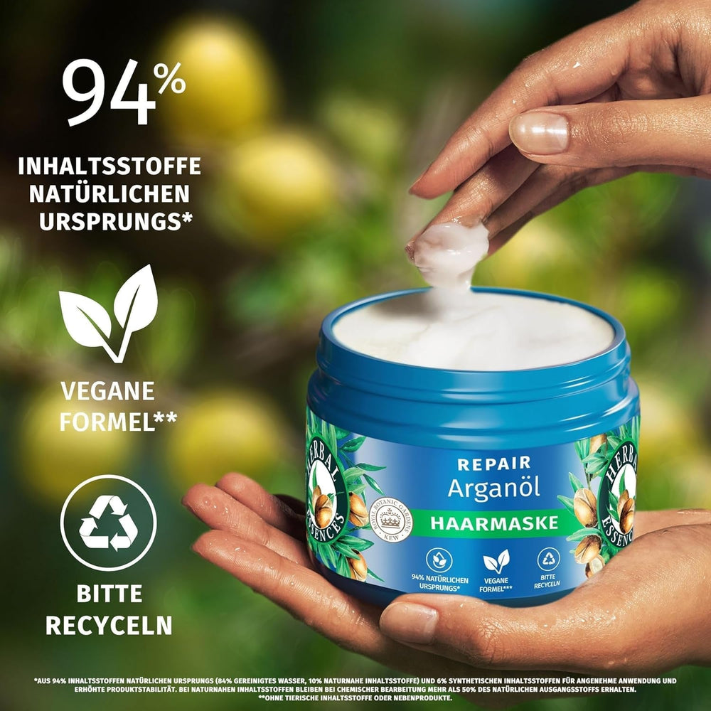 Herbal Essences Mască reparatoare pentru păr cu ulei de argan 300ml. De la păr deteriorat la păr mai neted și mai strălucitor. Îngrijire intensivă. Cu ingrediente de origine naturală. Vegan Masca de par Naty Shop