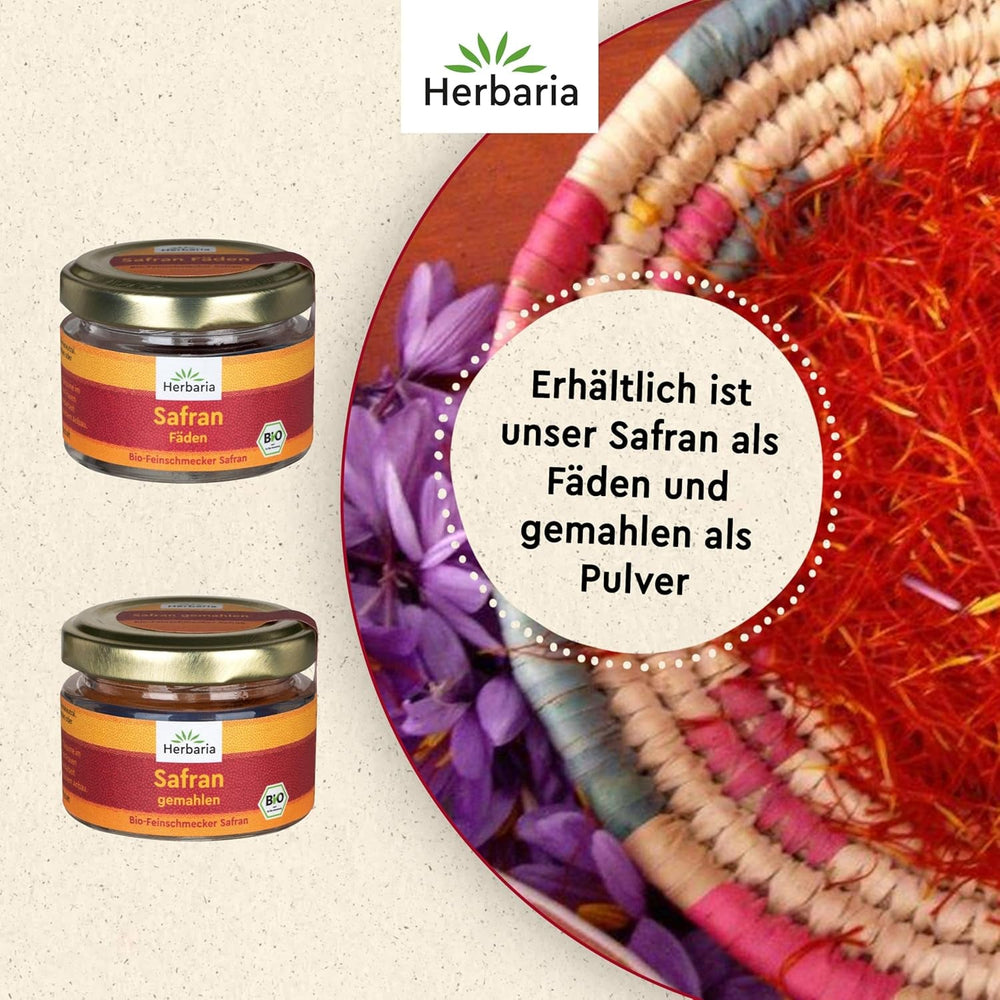 Herbaria Safran-Fäden bio 0,5g im Glas – Bio Safran-Fäden aus dem berühmten Safran-Ort Taliouine in Marokko – Safranfäden in Premium Bio-Qualität – Saffron Premium - Safran première catégorie