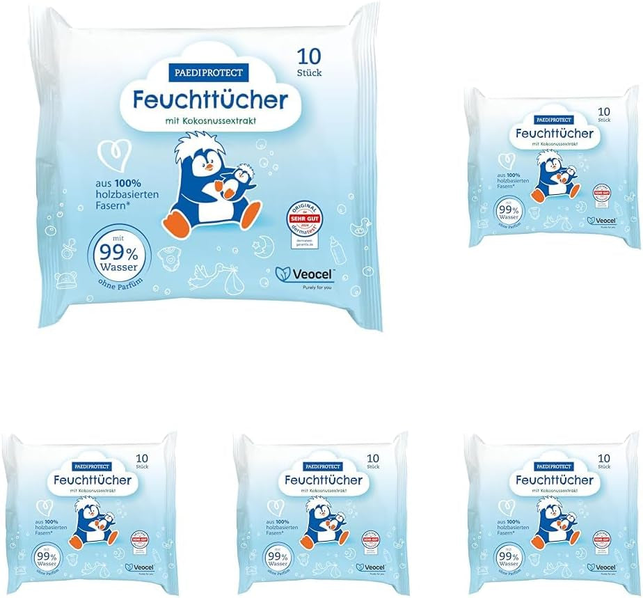 Șervețele umede PAEDIPROTECT pentru bebeluși 1 x 10 bucăți, șervețele umede cu apă pentru bebeluși sensibili cu 99% apă, fără parfum, pentru pielea delicată a bebelușilor și copiilor, cu extract de cocos, fără microplastic, vegane (pachet de 5)