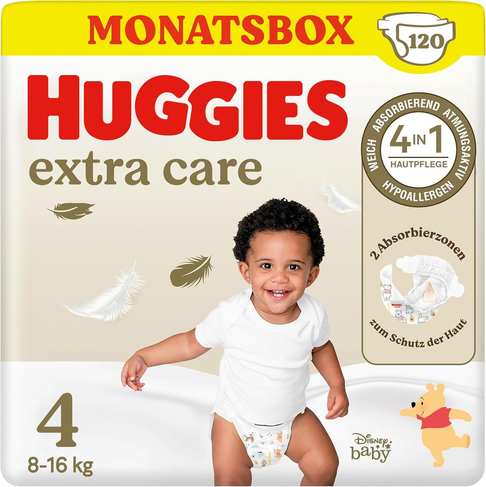 Scutece Huggies pentru bebeluși Extra Care cu design Disney, mărimea 4, 120 de scutece (2x60), cutie lunară