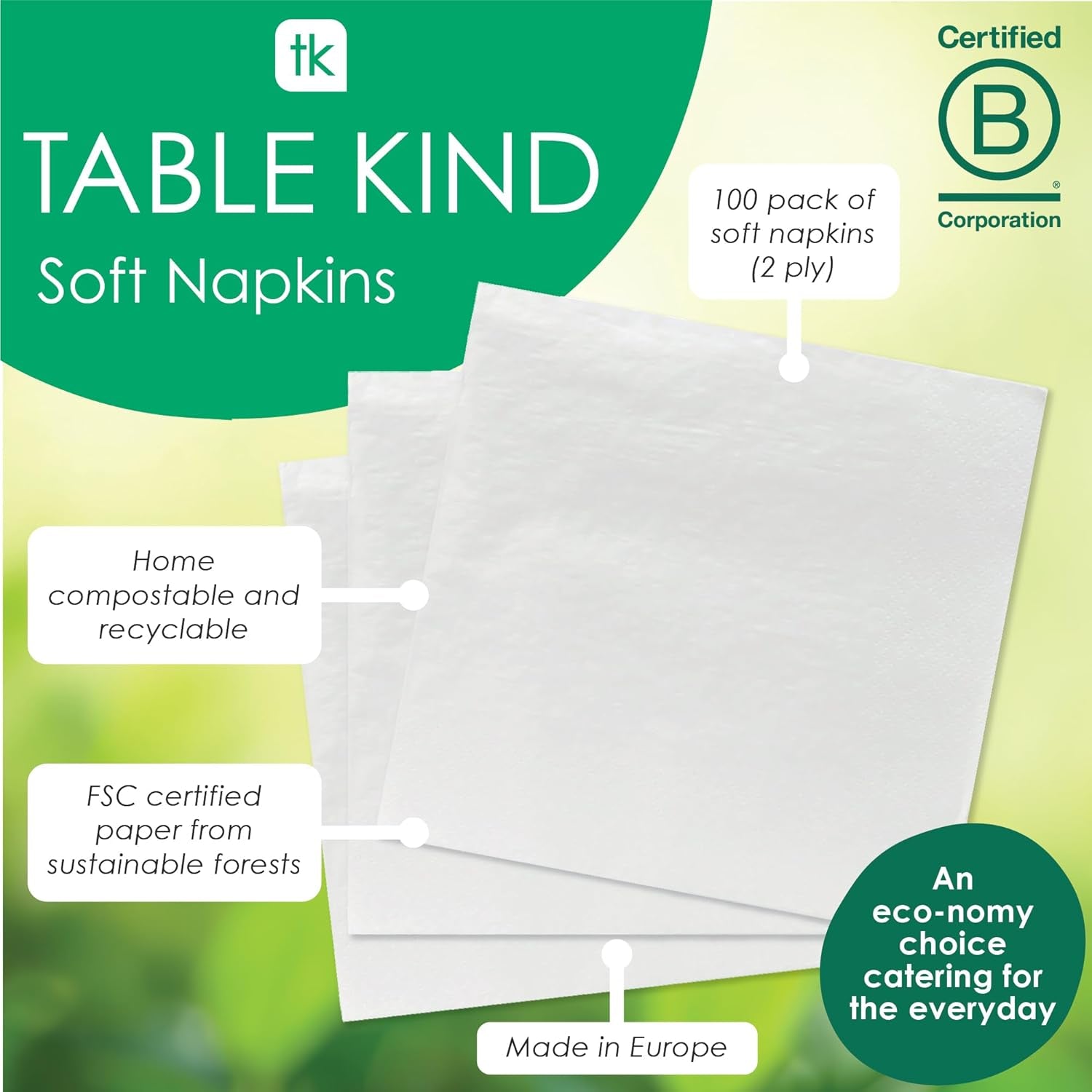Table Kind 100 șervețele albe moi în pachet vrac, șervețele de înaltă calitate pentru petreceri, catering și uz zilnic, FSC, sustenabile și reciclabile, fabricate în UE | 2Ply | 33Cm
