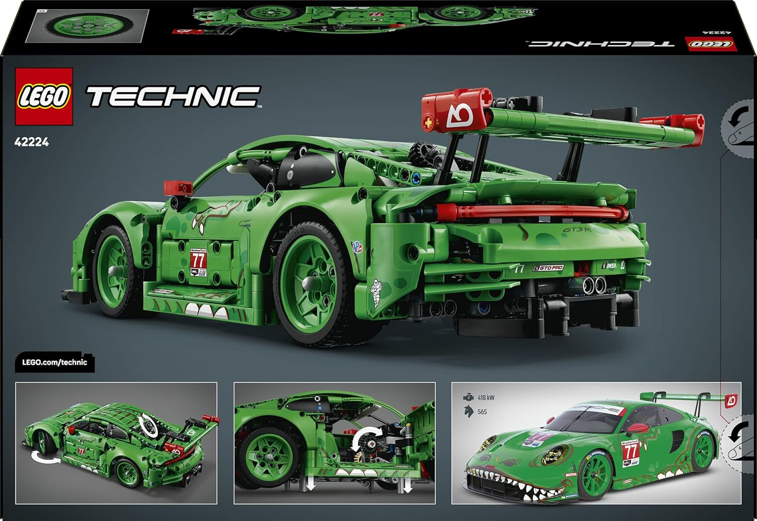 LEGO Technic Porsche 911 GT3 R Rexy AO Racing Rennwagen - Porsche Modellauto - Rennwagen zum Sammeln und Ausstellen - Porsche Modell Bauset ab 11 Jahren - Geschenk für Kinder & Autofans - 42224