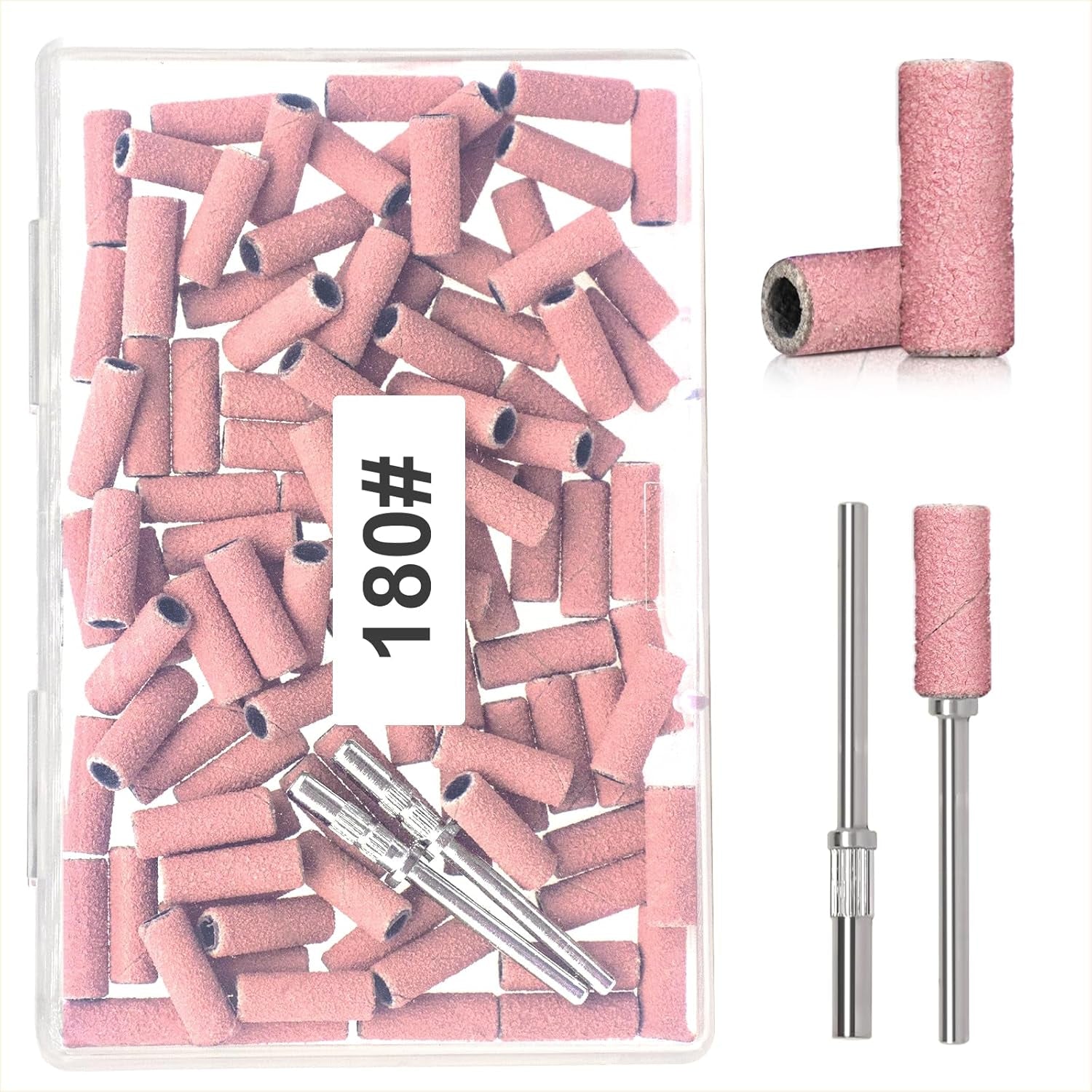 BLESWIN 100 bucăți benzi de șlefuit mici pentru burghie de unghii, granulație fină 240 cu 2 bucăți burghiu de 3 mm, mini benzi de șlefuit pentru lustruirea unghiilor naturale și curățarea cuticulelor pentru pregătire, roz
