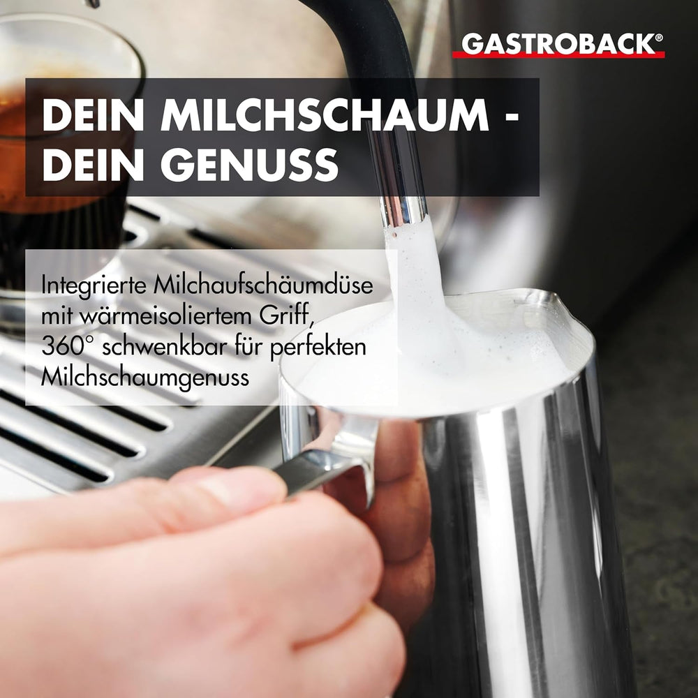 Espressor GASTROBACK cu râșniță, inclusiv ulcior de lapte, pressor și portafiltru din oțel inoxidabil - Espressor Barista cu spumator de lapte - Espressor cu 30 de setări de măcinare