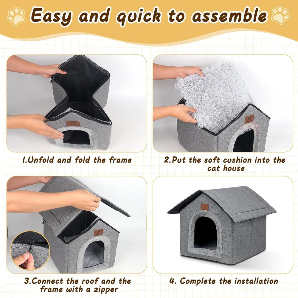 Katzenhaus Outdoor Winterfest, Katzenhöhle, Hundehöhle mit Abnehmbarem Plüschkissen, Wasserdicht Wetterfester, Hundehütte Indoor, Hundehaus für Drinnen/Indoor 35x30x35cm (Grau, S)