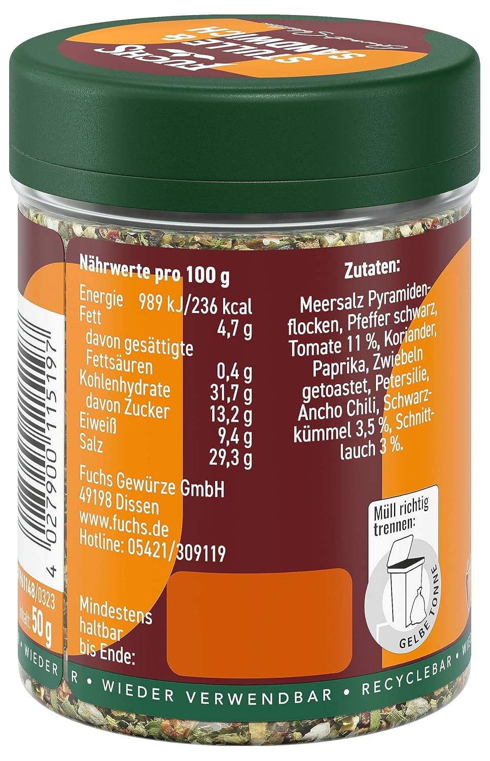 Fuchs Gewürze - Stulle & Sandwich Gewürz - crunchy Butterbrot Topping mit Pyramidenflocken und getoasteten Zwiebeln - aus natürlichen Zutaten - 50 g in wiederverwendbarer, recyclebarer Dose