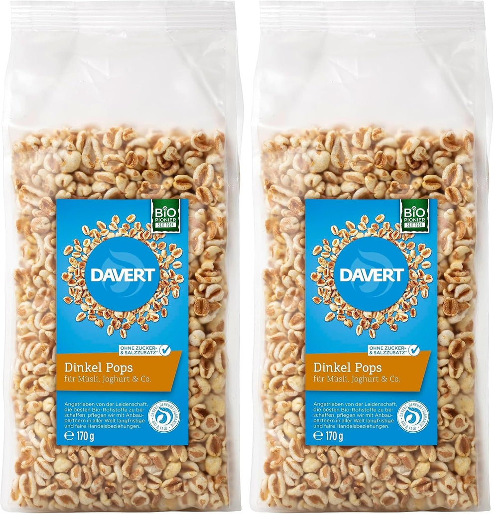 Acadele din speltă Davert 170g – Boabe aromate de speltă expandate, aerisite și ușoare, cu o aromă delicată de prăjire – 100% calitate organică Davert (1 x 170g)