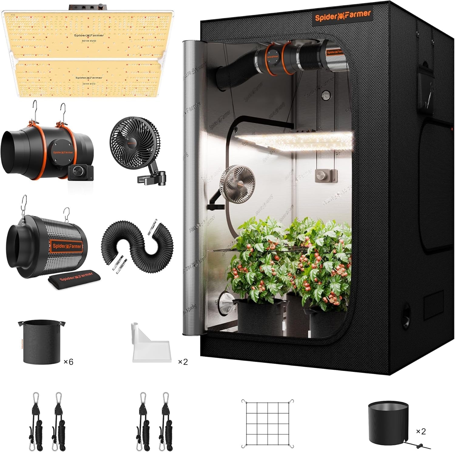 Set complet cort de creștere Spider Farmer SF1000, lampă de creștere LED reglabilă cu spectru complet, diode Samsung LM301H EVO, kit cort de creștere complet 70x70x160cm, set cort de creștere hidroponică, sistem de ventilație