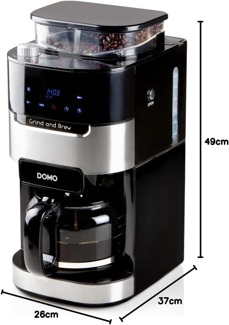 Espressor DOMO DO721K „Grind and Brew” - Funcție Boab-to-Cup - Afișaj LCD - Pentru cafea măcinată sau boabe întregi - 1,5 L