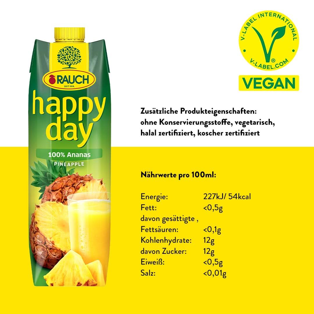 Rauch Happy Day Ananas | Explozie de arome tropicale | Fabricat din 100% suc concentrat de ananas | 6 x 1 litru,Tetra Prisma Bauturi fara alcool Naty Shop