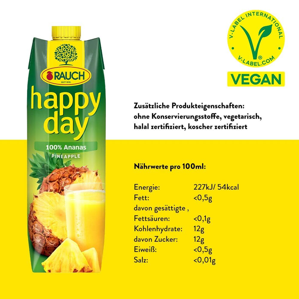 Rauch Happy Day Ananas | Explozie de arome tropicale | Fabricat din 100% suc concentrat de ananas | 6 x 1 litru,Tetra Prisma Bauturi fara alcool Naty Shop