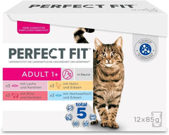 Selecție de hrană umedă Perfect Fit Adult 1+ cu somon, pește de adâncime, vită și pui, 48 de pliculețe, 12x85g (pachet de 4) – Hrană umedă premium pentru pisici adulte de la vârsta de 1 an