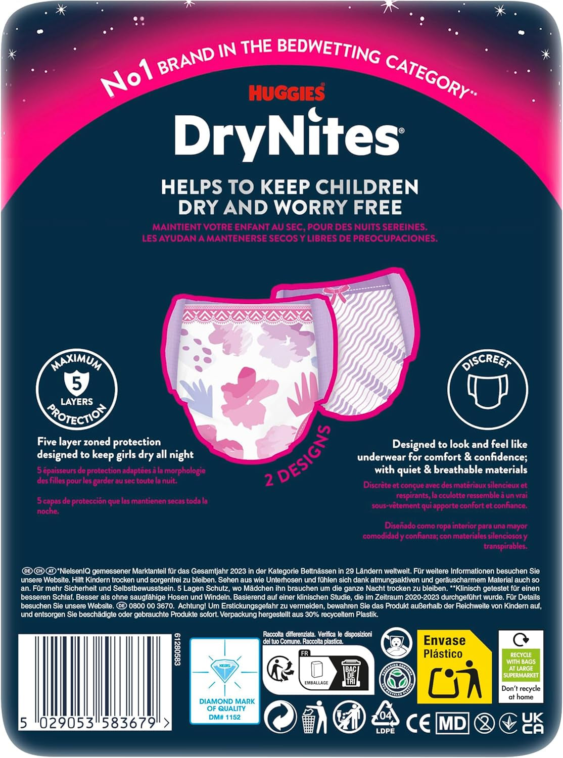 Scutece Huggies DryNites Nighttime pentru enurezis, pentru fete cu vârsta cuprinsă între 13 și aproximativ 17 ani (48-60 kg), 27 bucăți (3x9), pachet lunar, scutece-chiloți