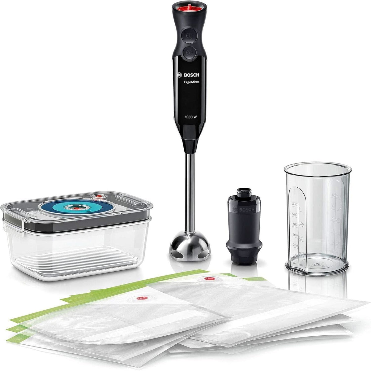Bosch Stabmixer Ergomixx MS6CB61V1, Vakuum-Funktion, Edelstahl-Mixfuß, Mix- Und Messbecher, Vakuum-Pumpe, Vakuum-Beutel, Vakuum-Frischhaltedose, 12 Stufen plus Turbo, 1000 W, Schwarz/Anthrazit Bucatarie Naty Shop