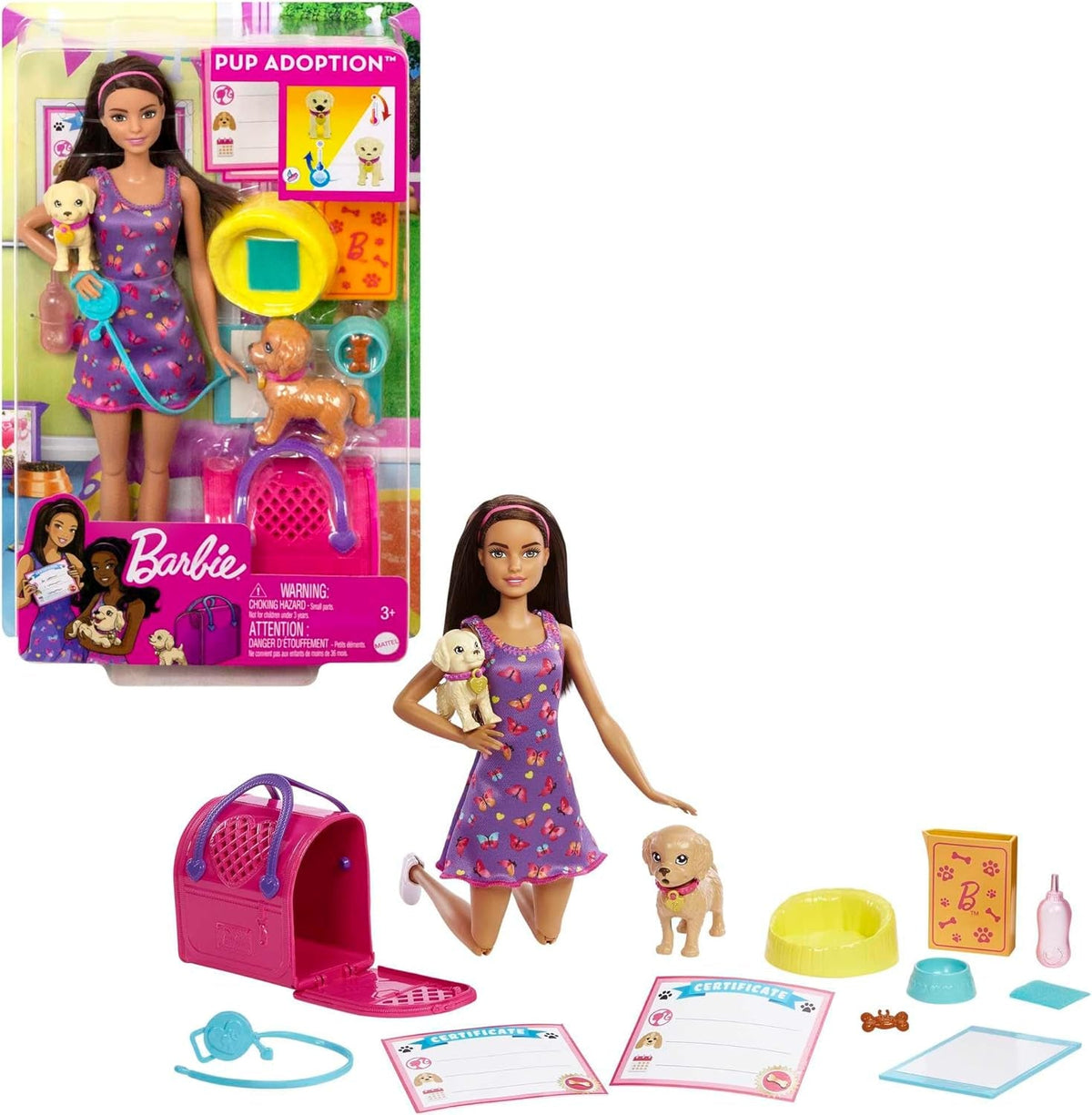 Adopție Cățeluș Barbie - Păpușă și 2 căței, cu certificate de adopție, efect de schimbare a culorii, cușcă și accesorii, pentru copii cu vârsta de 3 ani și peste, 86 HKD