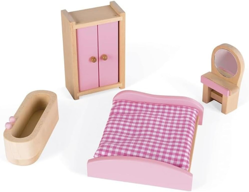 Janod - Casă de păpuși din lemn Mademoiselle, 3 etaje și cu 11 accesorii, replică de jucărie, dezvoltă imaginația, de la 3 ani, J06581