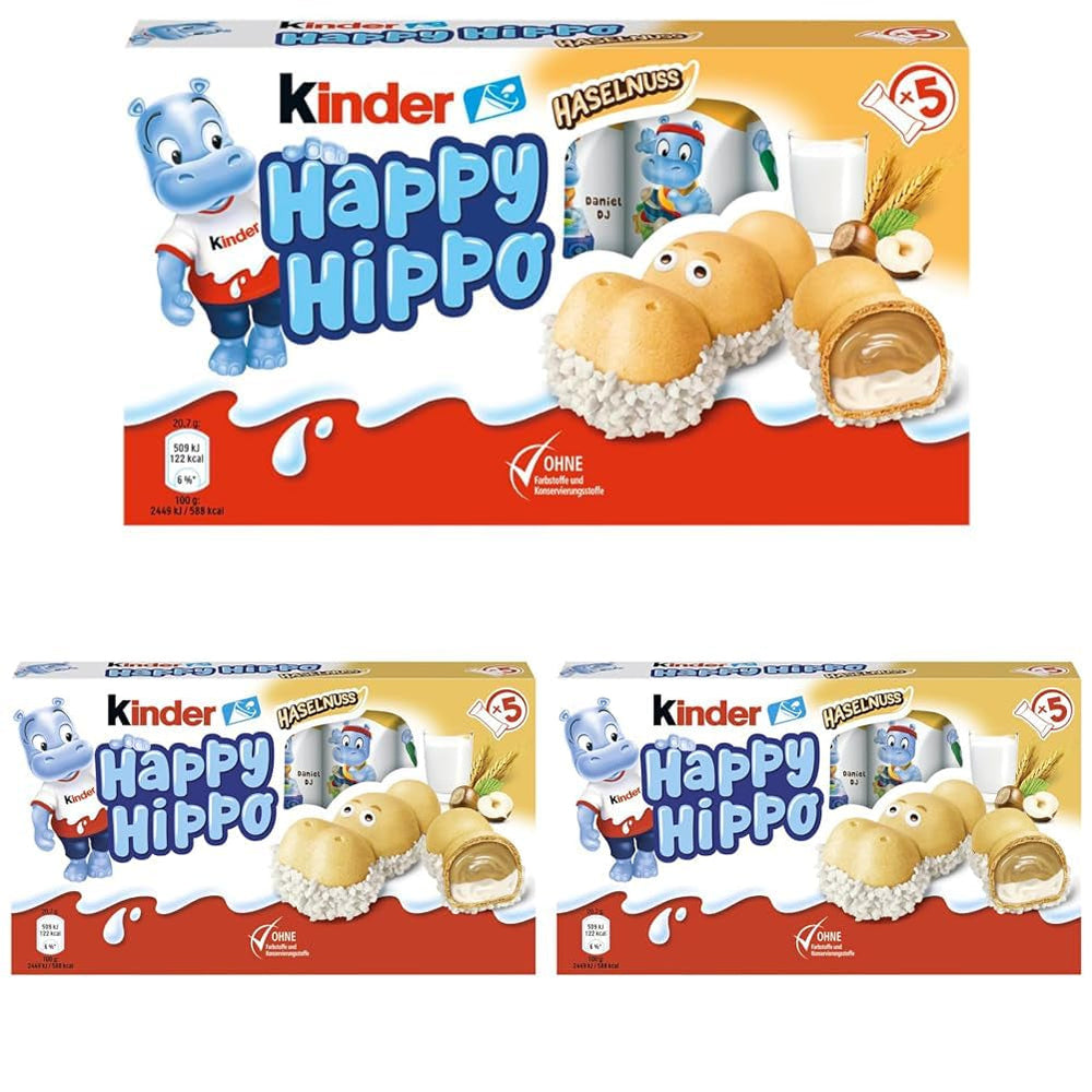 Kinder Happy Hippo Hazelnut – Specialitate crocantă de napolitane cu lapte și cremă de alune – Dulciuri pentru Carnaval și Mardi Gras – 1 pachet conținând 5 batoane individuale a câte 20,7 g fiecare