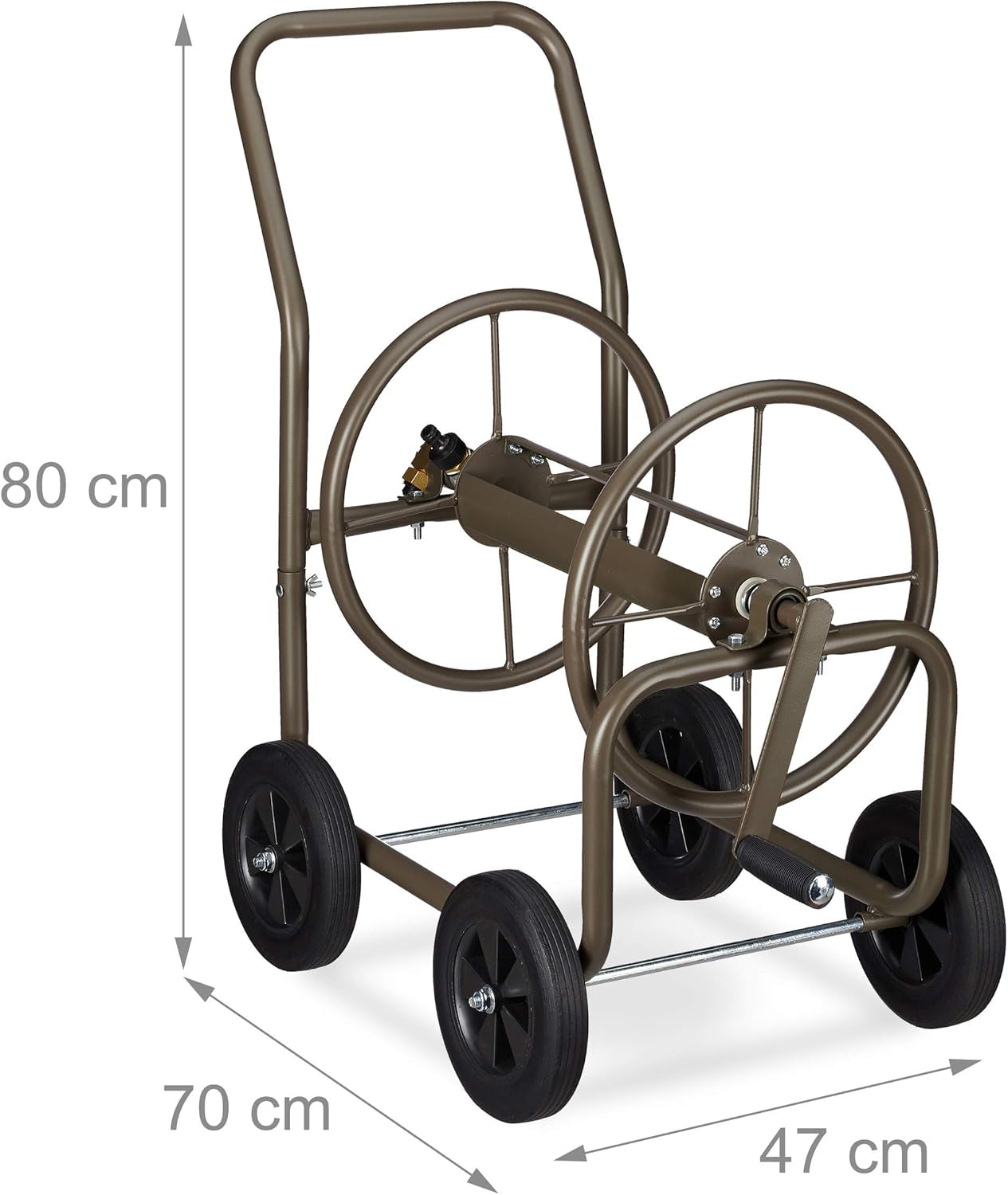 Cărucior furtun Relaxdays XL, rolă mobilă pentru furtun, metal, pentru furtun de 60 m, 4 roți, cu manivelă, derulare la 90°, maro