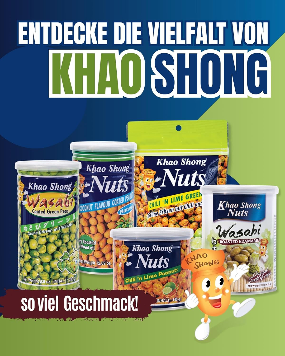 Mazăre verde prăjită Khao Shong cu wasabi, mazăre crocantă într-un aluat picant, o alternativă cu conținut scăzut de grăsimi la nuci, iuțeală medie, 1 conservă de 140 g | 140 g (1 pachet)