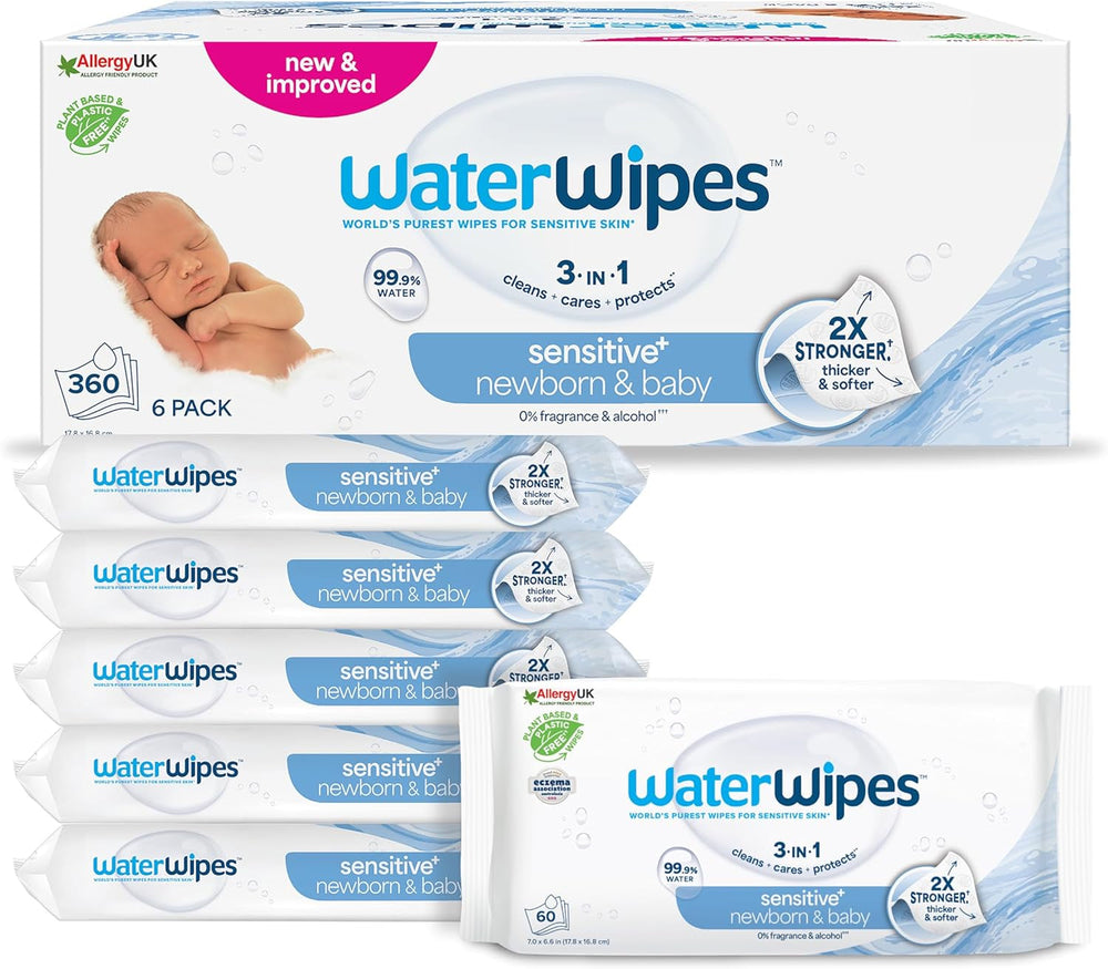 Șervețele umede WaterWipes Sensitive+ pentru nou-născuți și bebeluși, 720 bucăți (12 pachete), curățare, îngrijire, protecție 3 în 1, 99,9% apă, fără parfum