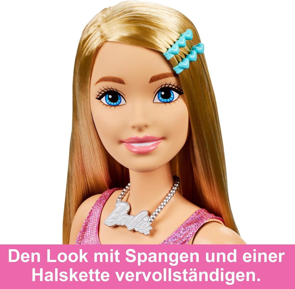 Păpușă Barbie Extra Large (71 cm) - Rochie roz, păr blond cu agrafă și colier, cadou pentru copii cu vârsta de 3 ani și peste, HJY02