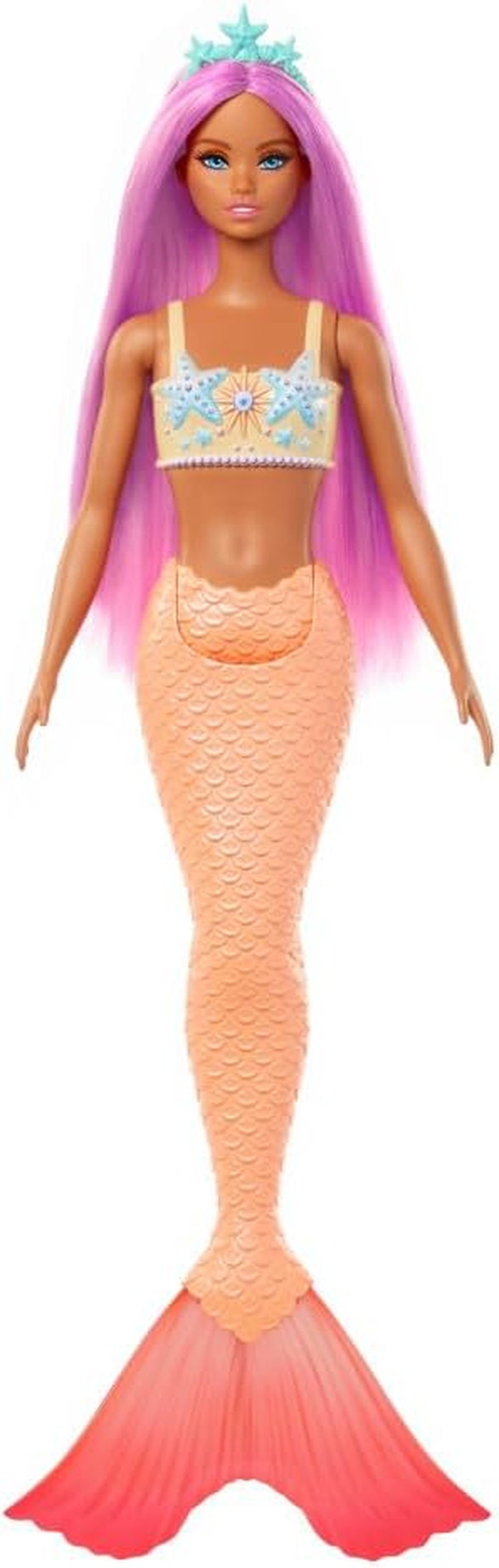 Păpușă Barbie Sirenă cu Păr și Bentiță Roz Fantezie, Păpușă cu Stea de Mare în Vârf și Înotătoare Codală Portocalie Moale, HRR05