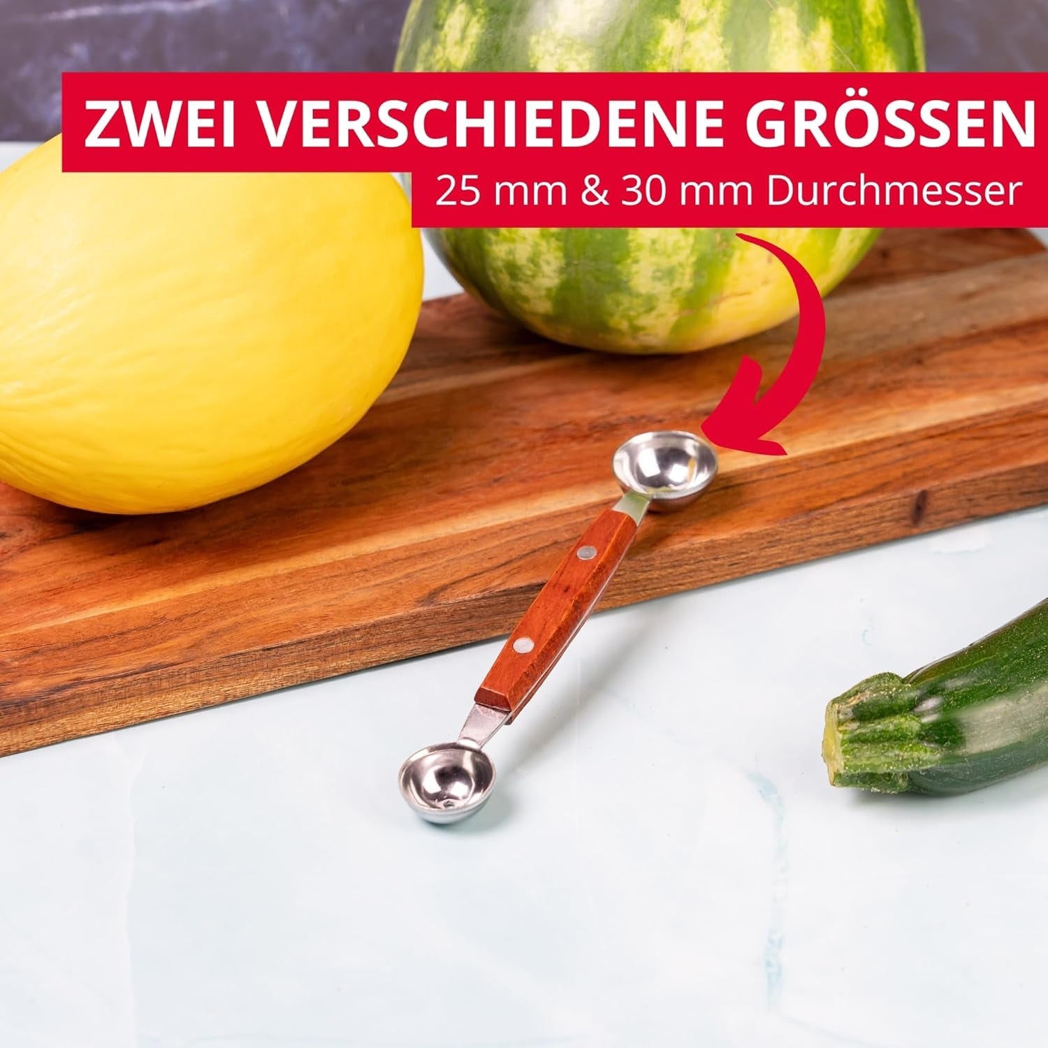 Westmark Baller cu două fețe Woody – Formator mic de bile pentru pepene, kiwi, alte fructe și legume, precum și înghețată, cremă de brânză sau unt – Oțel inoxidabil, lemn