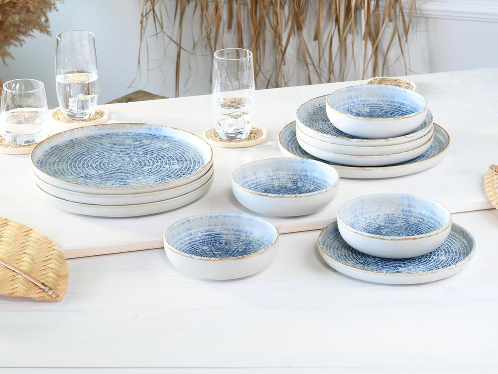 CreaTable, 21652, seria Uno Mykonos, set de veselă cu 12 piese, set de farfurii din gresie, potrivit pentru mașina de spălat vase și cuptorul cu microunde, fabricat în Portugalia