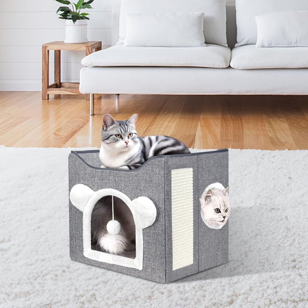 Katzenbetten für Indoor Katzen, Faltbares Katzenhaus, Katzenhöhle 2 Schicht Würfel Großer Raum Katzenbett mit Kratzbrett und Spielball, 15.8 x 15.8 x 15inches