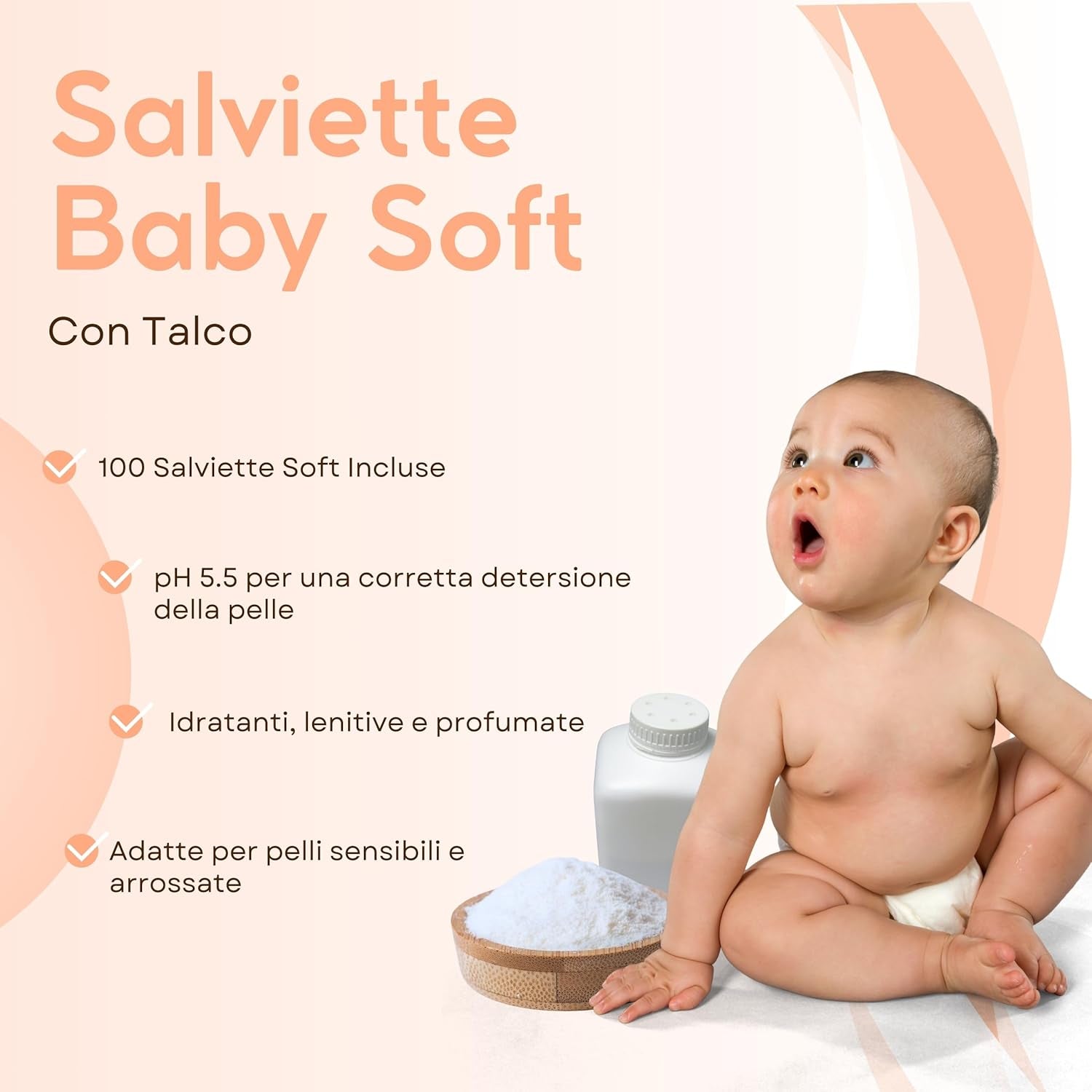 Șervețele umede pentru bebeluși cu talc, pentru piele sensibilă, fără alcool, prietenoase cu pielea, pH 5,5, parfumate ușor, 1200 bucăți (12 pachete)