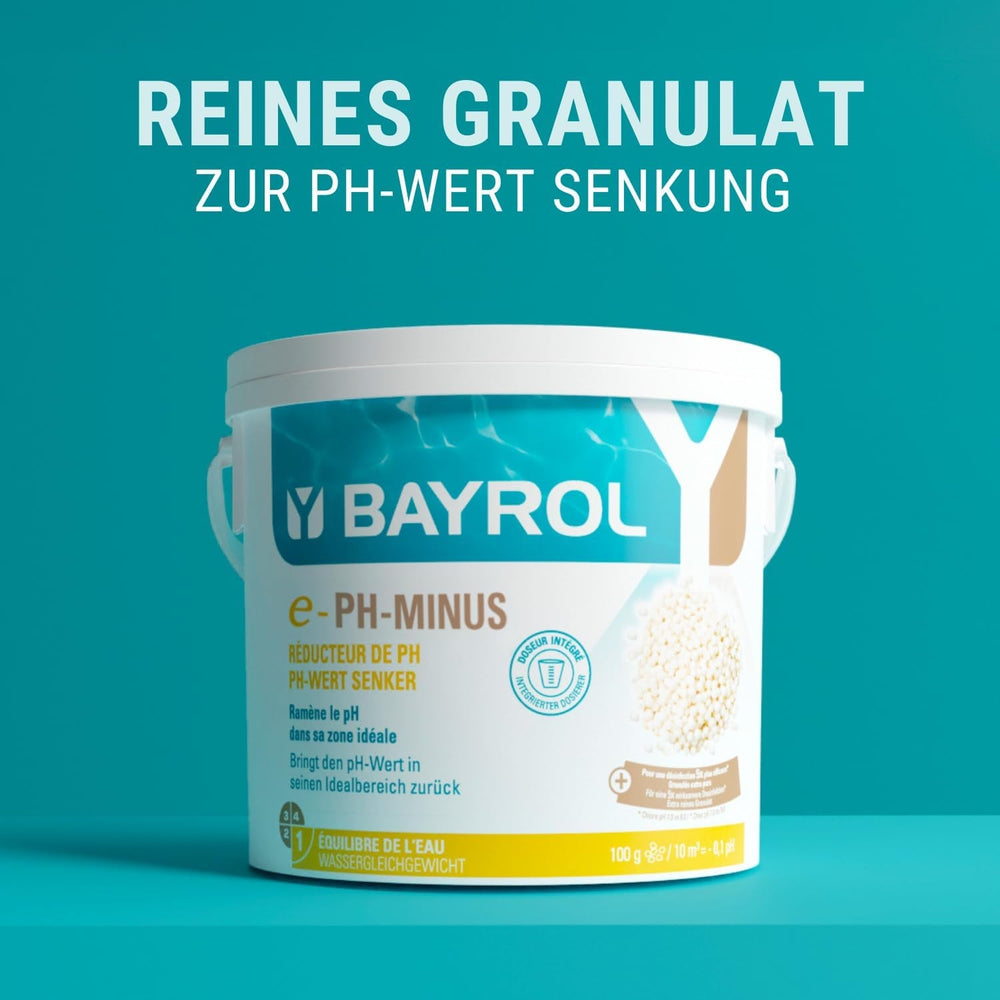Granule BAYROL e-pH-Minus 6 kg - reduce rapid și eficient nivelurile excesiv de ridicate ale pH-ului din piscine - dozare ușoară direct în apă - include cană dozatoare - reductor de pH - reglarea pH-ului pentru piscine