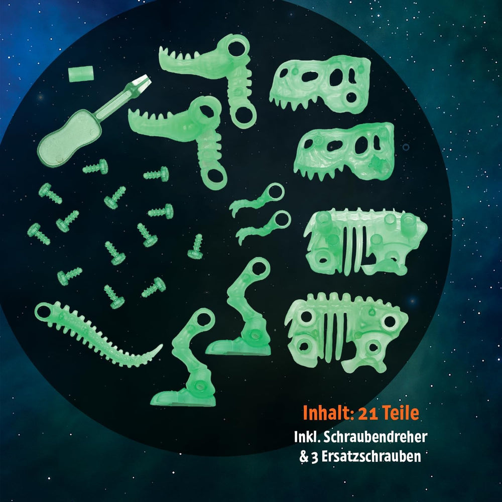 Moses. Dino Bausatz Glow in-The Dark - leuchtender Dino-Bausatz mit Werkzeugen, 21 Teile inkl. Anleitung, T-Rex zum Zusammenbauen, DIY-Spielzeug für Kinder ab 6 Jahren