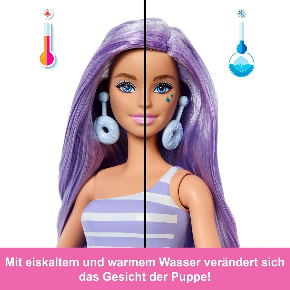 Set Barbie Pop Reveal Series cu păpușă la modă și accesorii, serie de dulciuri, design Donut Dreams cu animal de companie, 8 surprize, inclusiv schimbarea culorii, JFY60