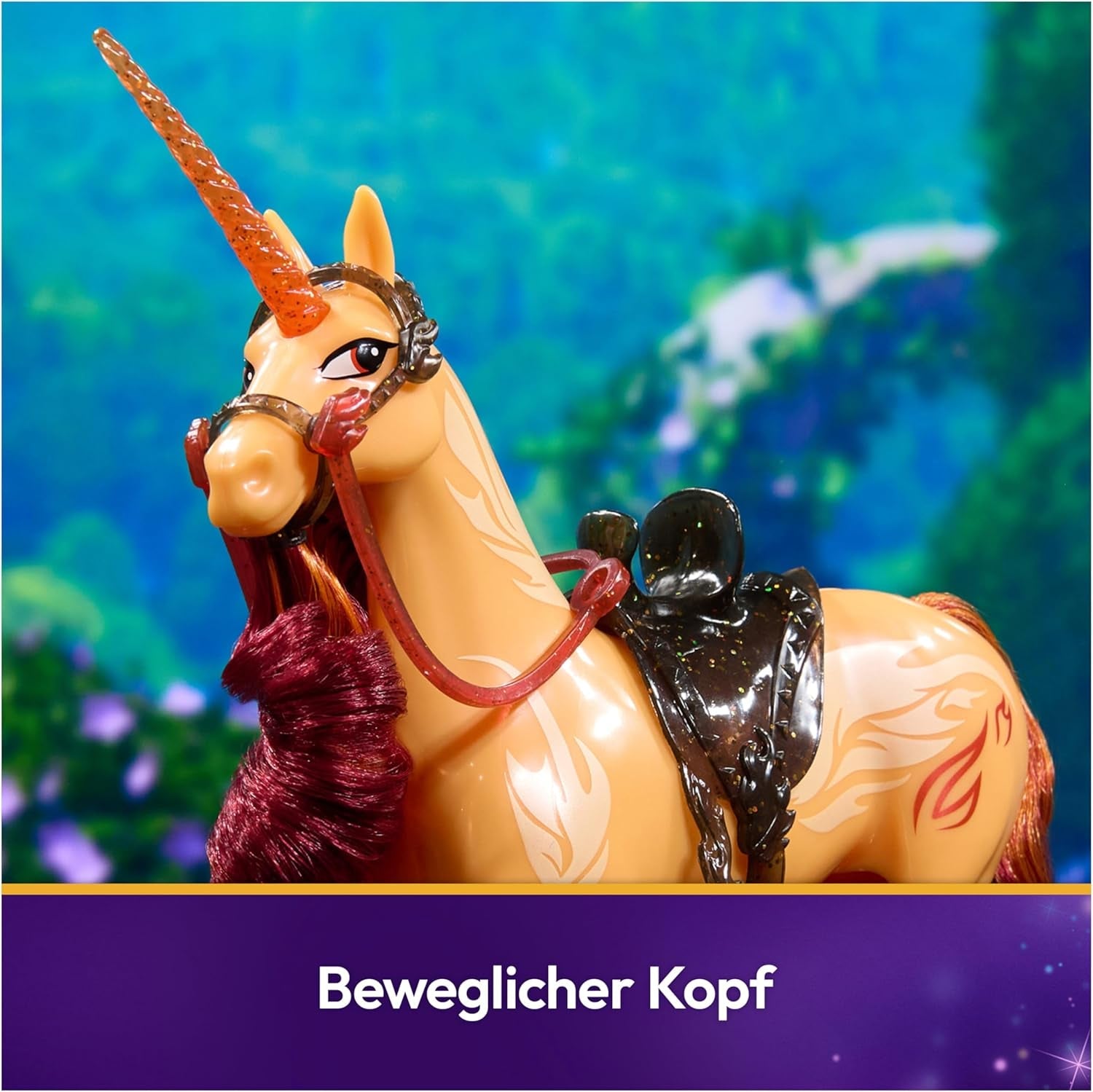 Unicorn Academy Einhorn Cinder - 28 cm groß, Original-Einhorn von Valentina zur Netflix-Serie, mit echter Mähne und Schweif, abnehmbarem Zaumzeug und Sattel sowie Bürste, für Kinder ab 4 Jahren